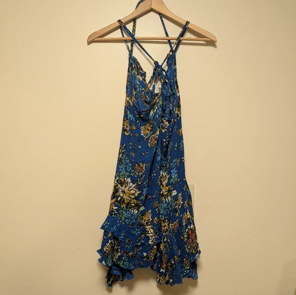 Free People FP One Go Lightly Blue Floral Ruffle Gauze Mini Dress – Size Large - Picture 8 of 8